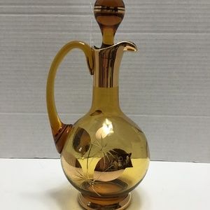 MOSER Amber Cut To Frosted Glass w-Flower & Gold, Carafe w-Stopper